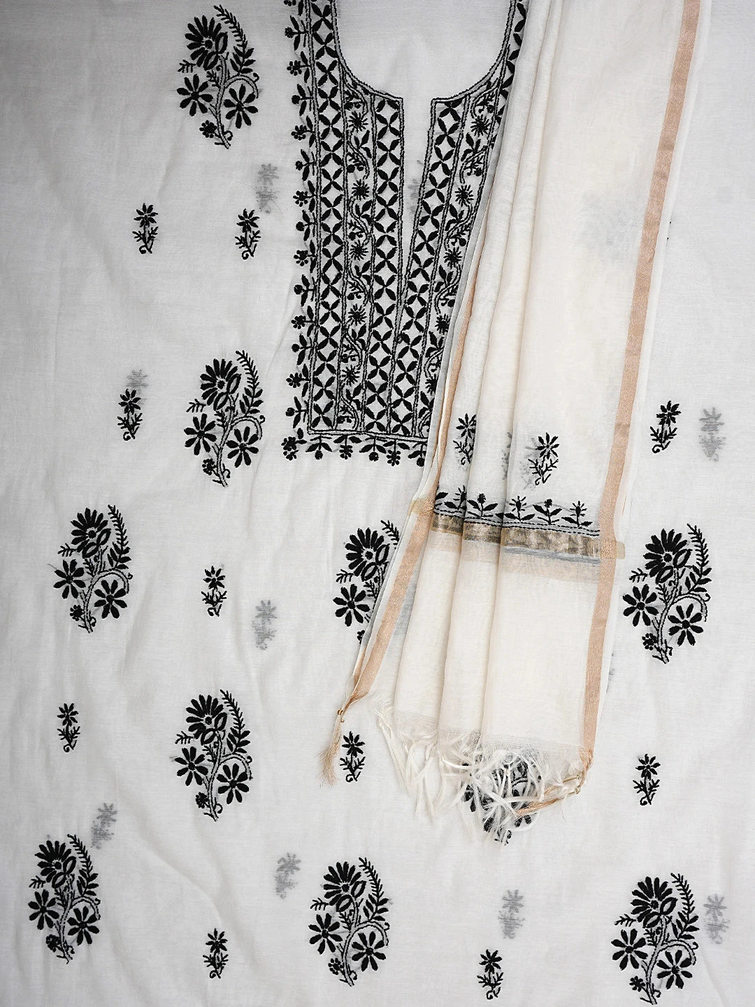 Ada Hand Embroidered White Chanderi Lucknowi Chikankari Unstitched Kurta Dupatta Set 01A903204
