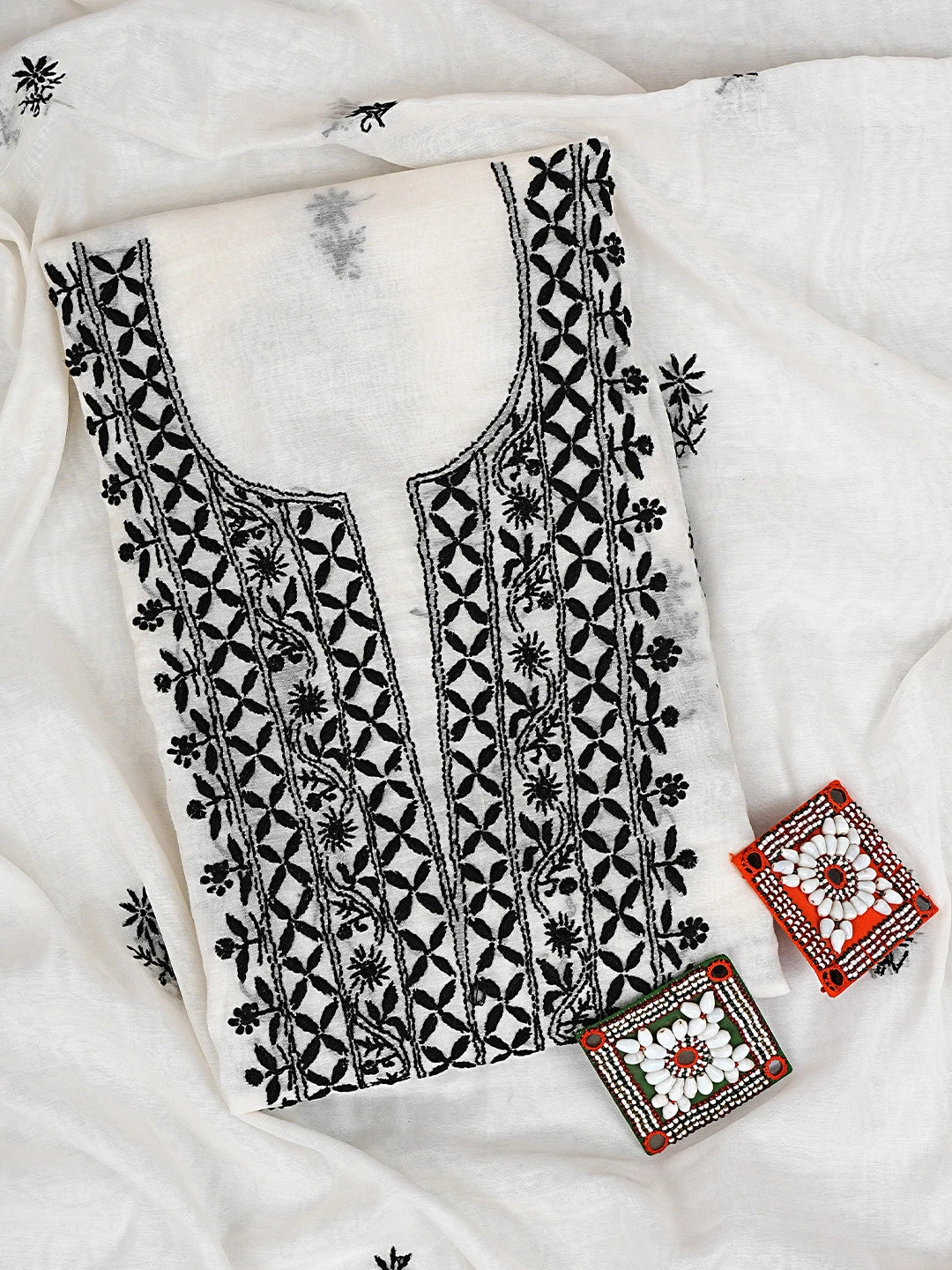 Ada Hand Embroidered White Chanderi Lucknowi Chikankari Unstitched Kurta Dupatta Set 01A903204
