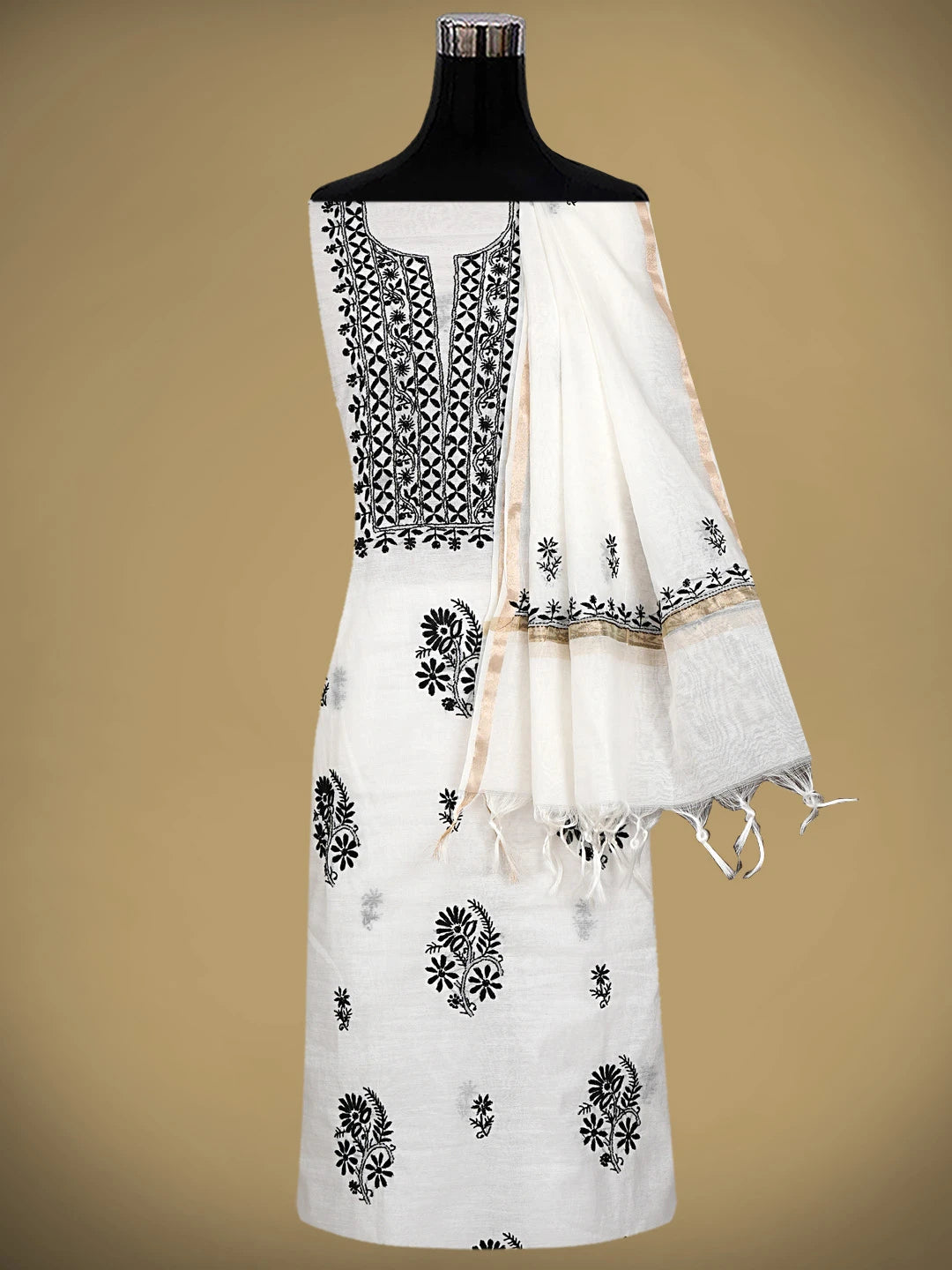 Ada Hand Embroidered White Chanderi Lucknowi Chikankari Unstitched Kurta Dupatta Set 01A903204