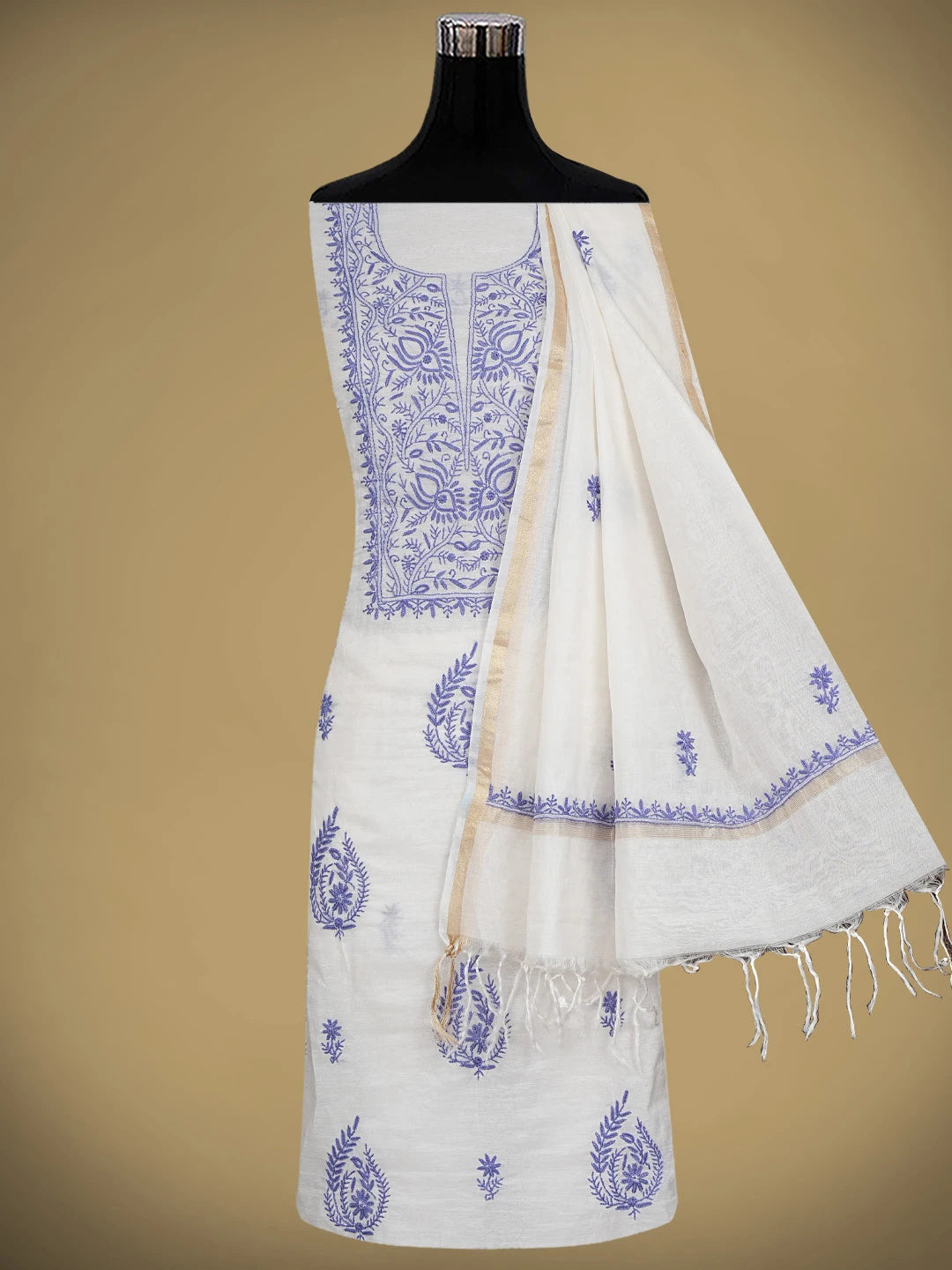 Ada Hand Embroidered White Chanderi Lucknowi Chikankari Unstitched Kurta Dupatta Set 01A903213