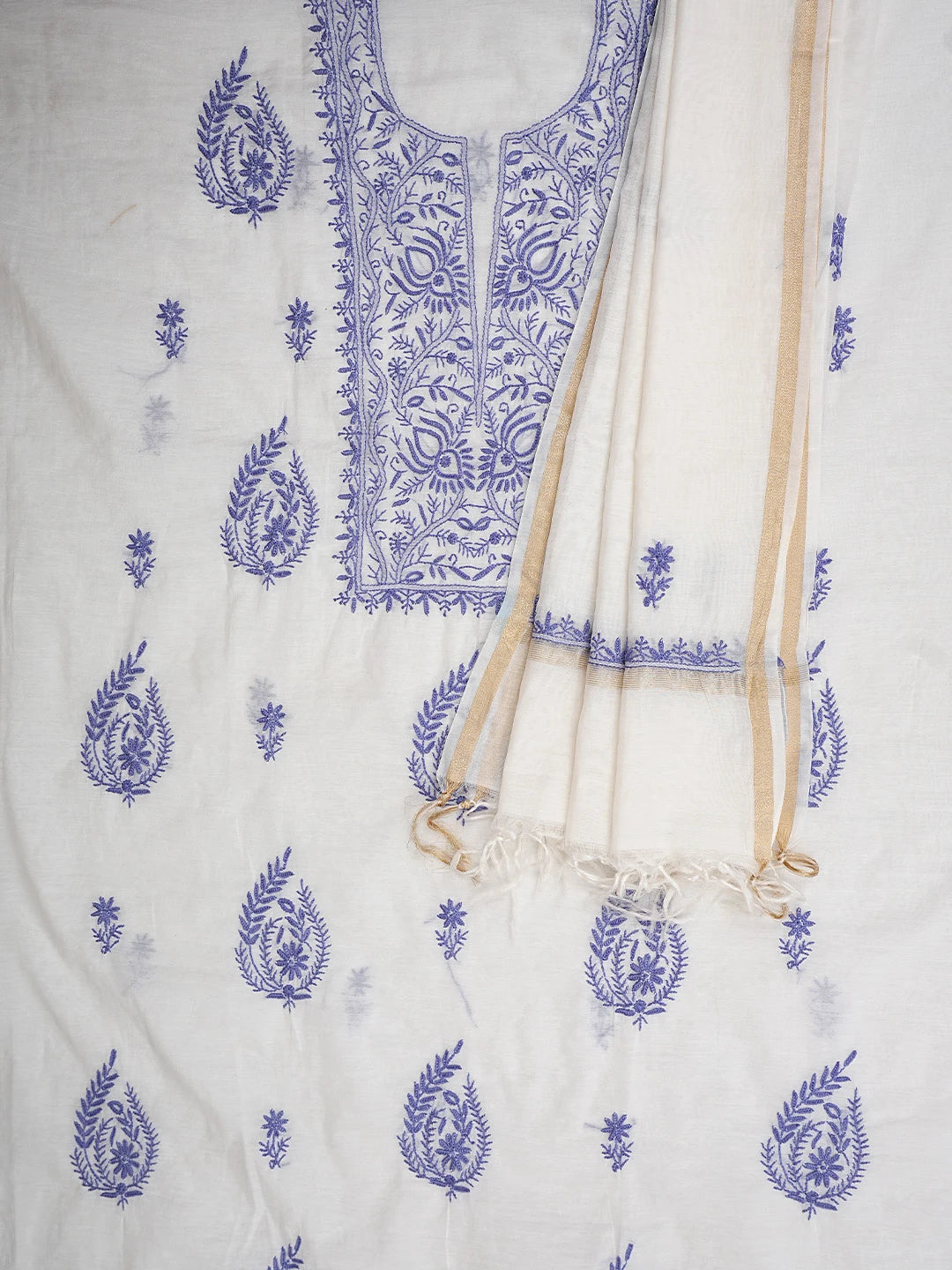 Ada Hand Embroidered White Chanderi Lucknowi Chikankari Unstitched Kurta Dupatta Set 01A903213
