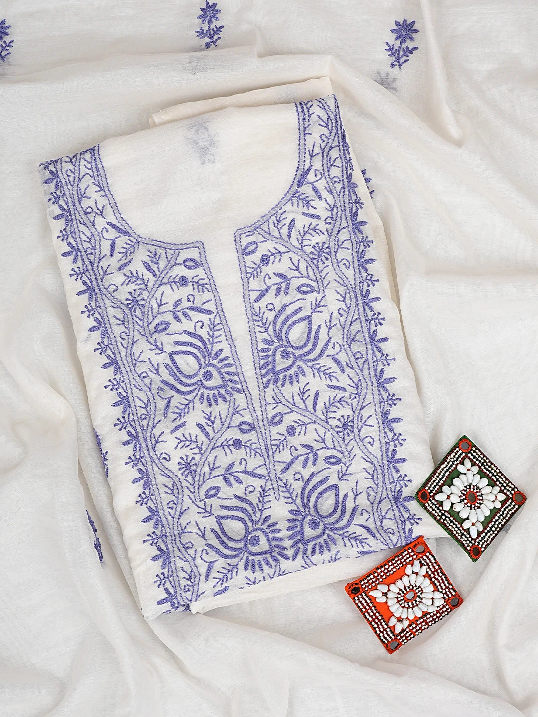 Ada Hand Embroidered White Chanderi Lucknowi Chikankari Unstitched Kurta Dupatta Set 01A903213