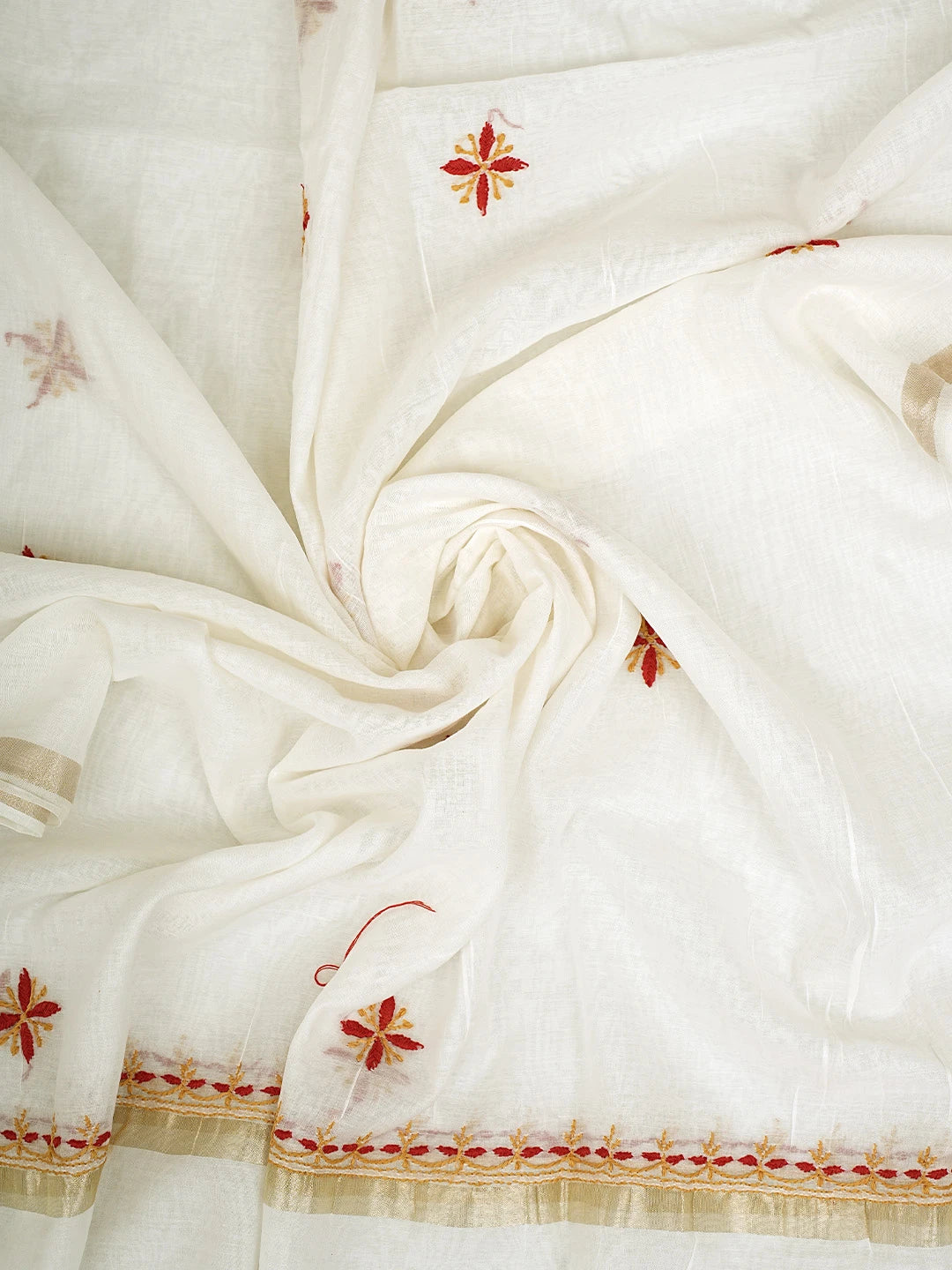 Ada Hand Embroidered White Ivory Cream Chanderi Lucknowi Chikankari Unstitched Kurta Dupatta Set 01A903102