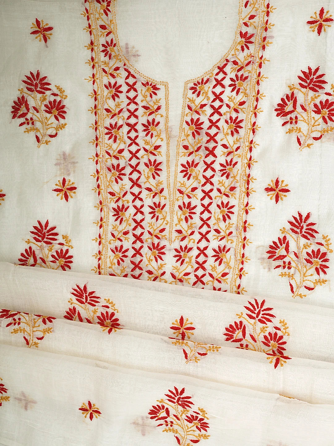 Ada Hand Embroidered White Ivory Cream Chanderi Lucknowi Chikankari Unstitched Kurta Dupatta Set 01A903102