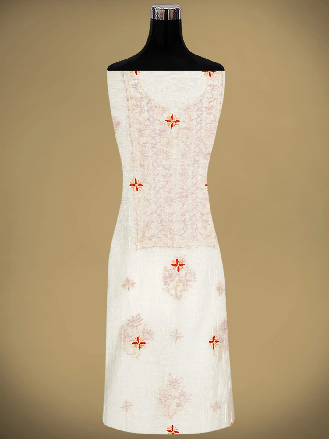 Ada Hand Embroidered White Ivory Cream Chanderi Lucknowi Chikankari Unstitched Kurta Dupatta Set 01A903102