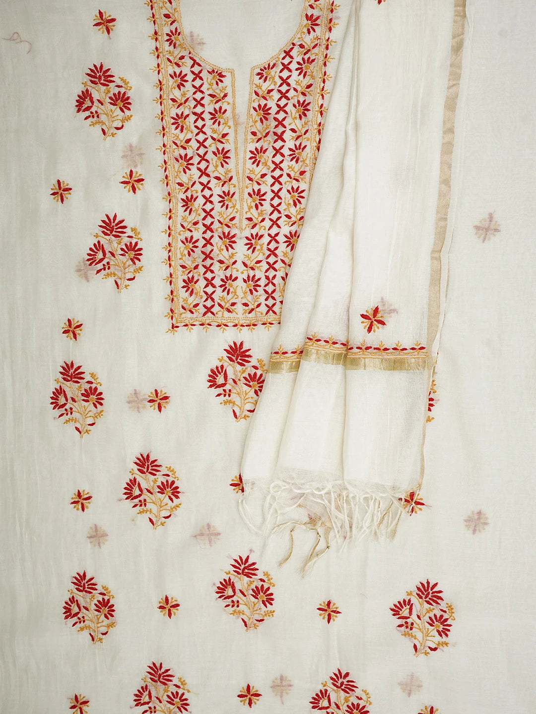 Ada Hand Embroidered White Ivory Cream Chanderi Lucknowi Chikankari Unstitched Kurta Dupatta Set 01A903102