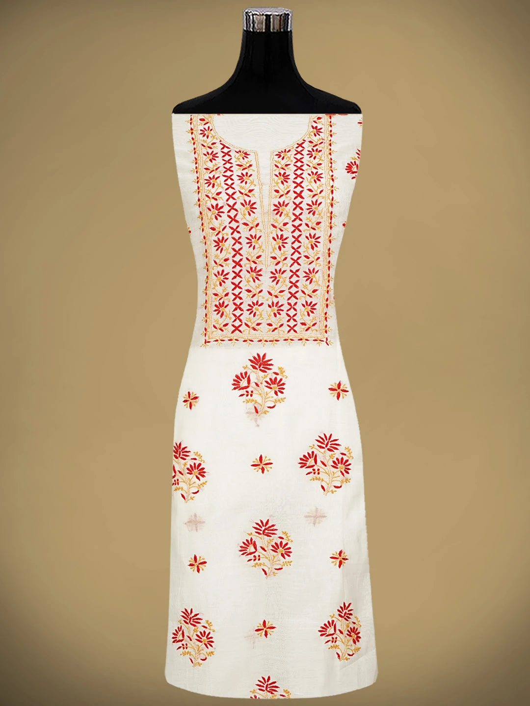 Ada Hand Embroidered White Ivory Cream Chanderi Lucknowi Chikankari Unstitched Kurta Dupatta Set 01A903102