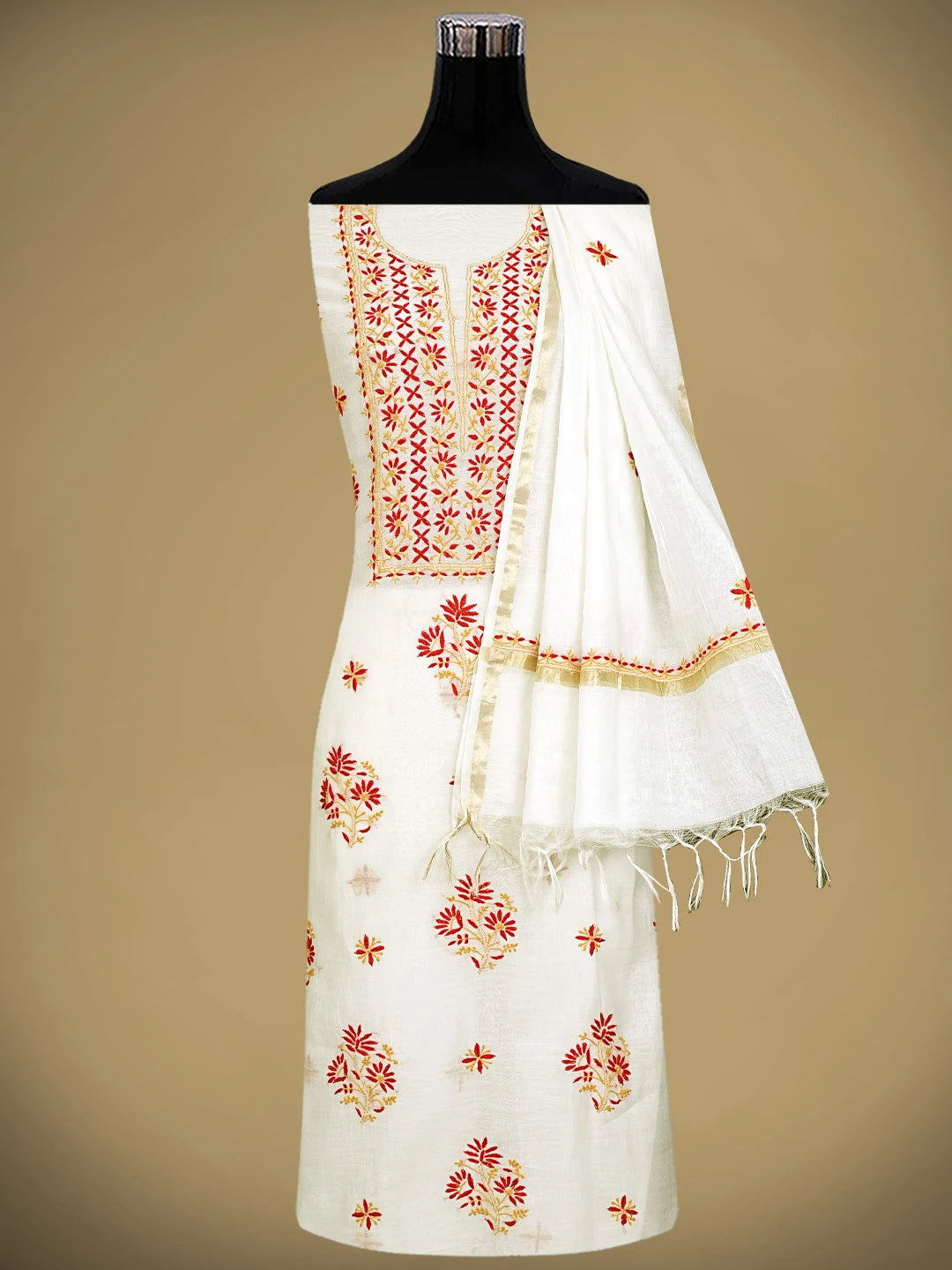 Ada Hand Embroidered White Ivory Cream Chanderi Lucknowi Chikankari Unstitched Kurta Dupatta Set 01A903102