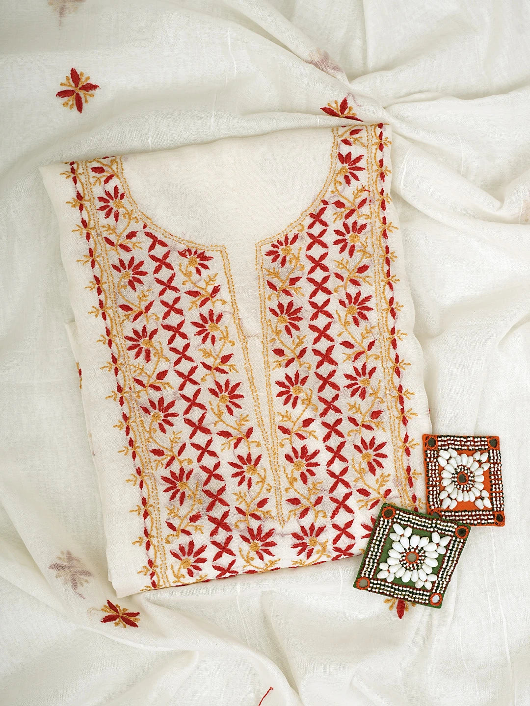 Ada Hand Embroidered White Ivory Cream Chanderi Lucknowi Chikankari Unstitched Kurta Dupatta Set 01A903102