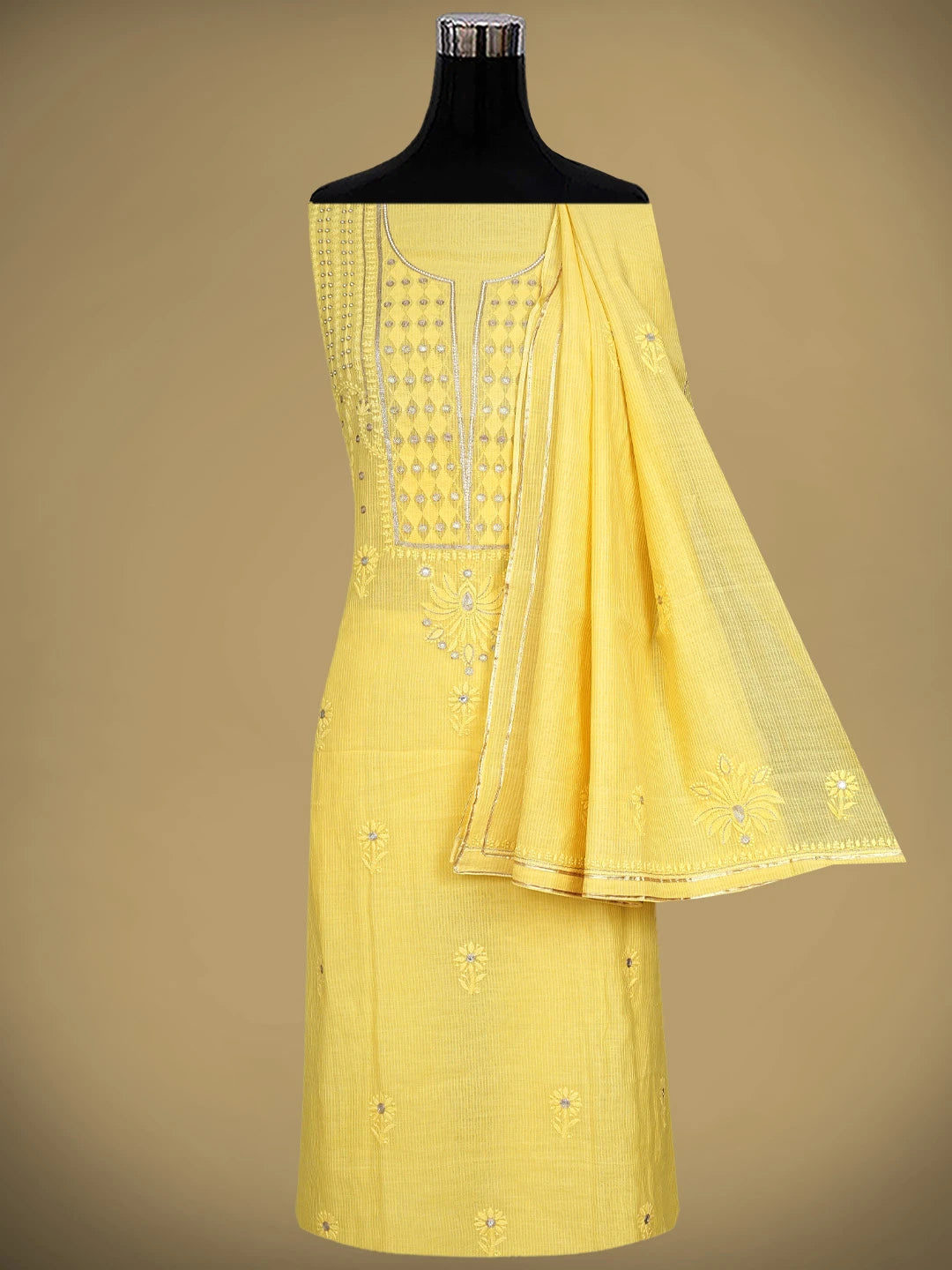Ada Hand Embroidered Yellow Kota Lucknowi Chikankari Unstitched Kurta Dupatta Set With Zari Work 01A74884
