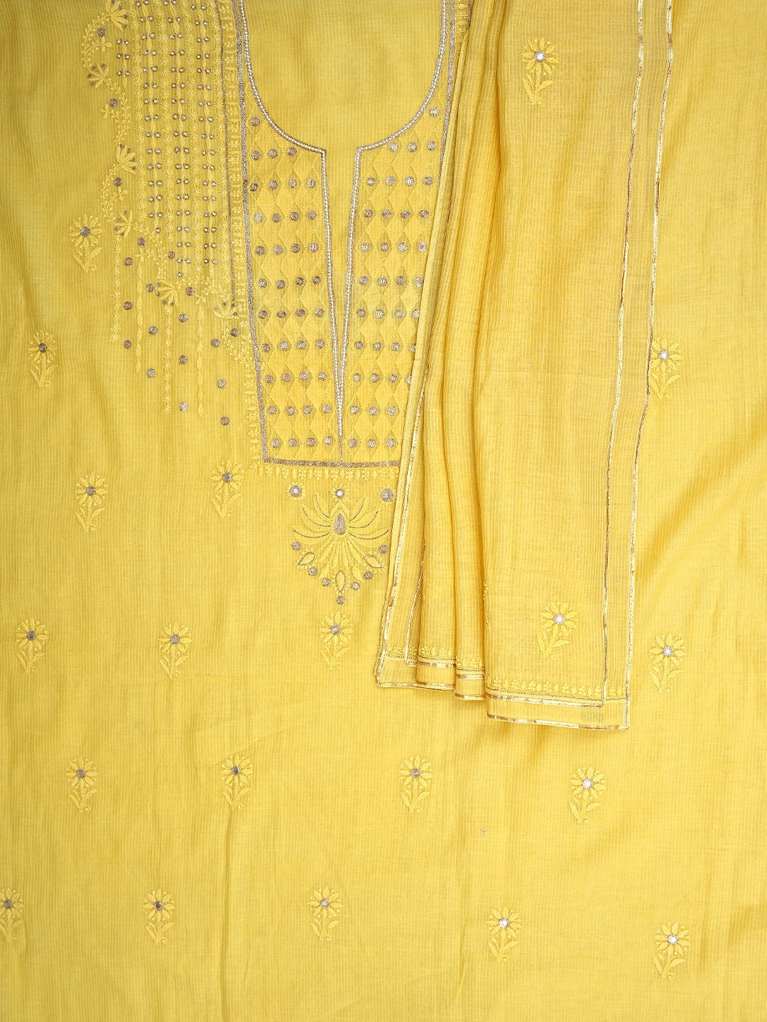 Ada Hand Embroidered Yellow Kota Lucknowi Chikankari Unstitched Kurta Dupatta Set With Zari Work 01A74884