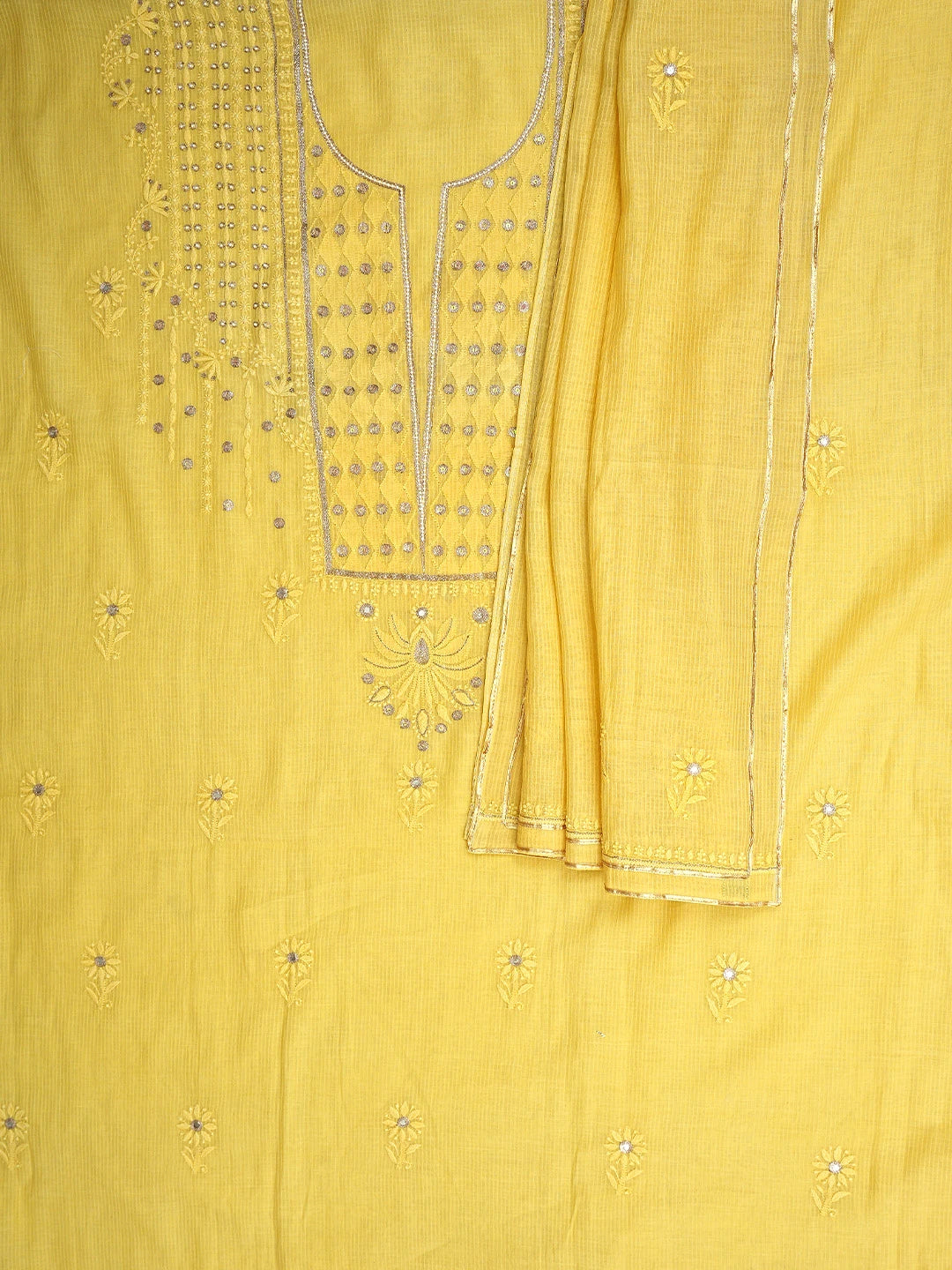 Ada Hand Embroidered Yellow Kota Lucknowi Chikankari Unstitched Kurta Dupatta Set With Zari Work 01A74884