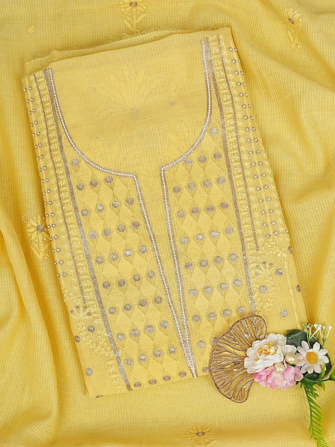 Ada Hand Embroidered Yellow Kota Lucknowi Chikankari Unstitched Kurta Dupatta Set With Zari Work 01A74884