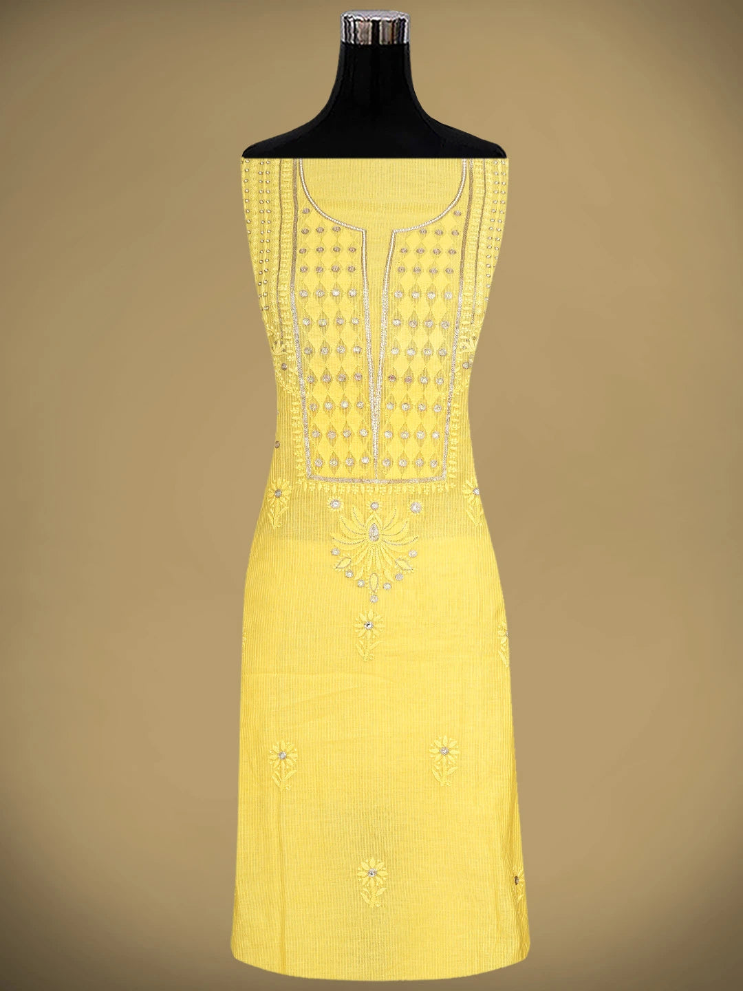 Ada Hand Embroidered Yellow Kota Lucknowi Chikankari Unstitched Kurta Dupatta Set With Zari Work 01A74884