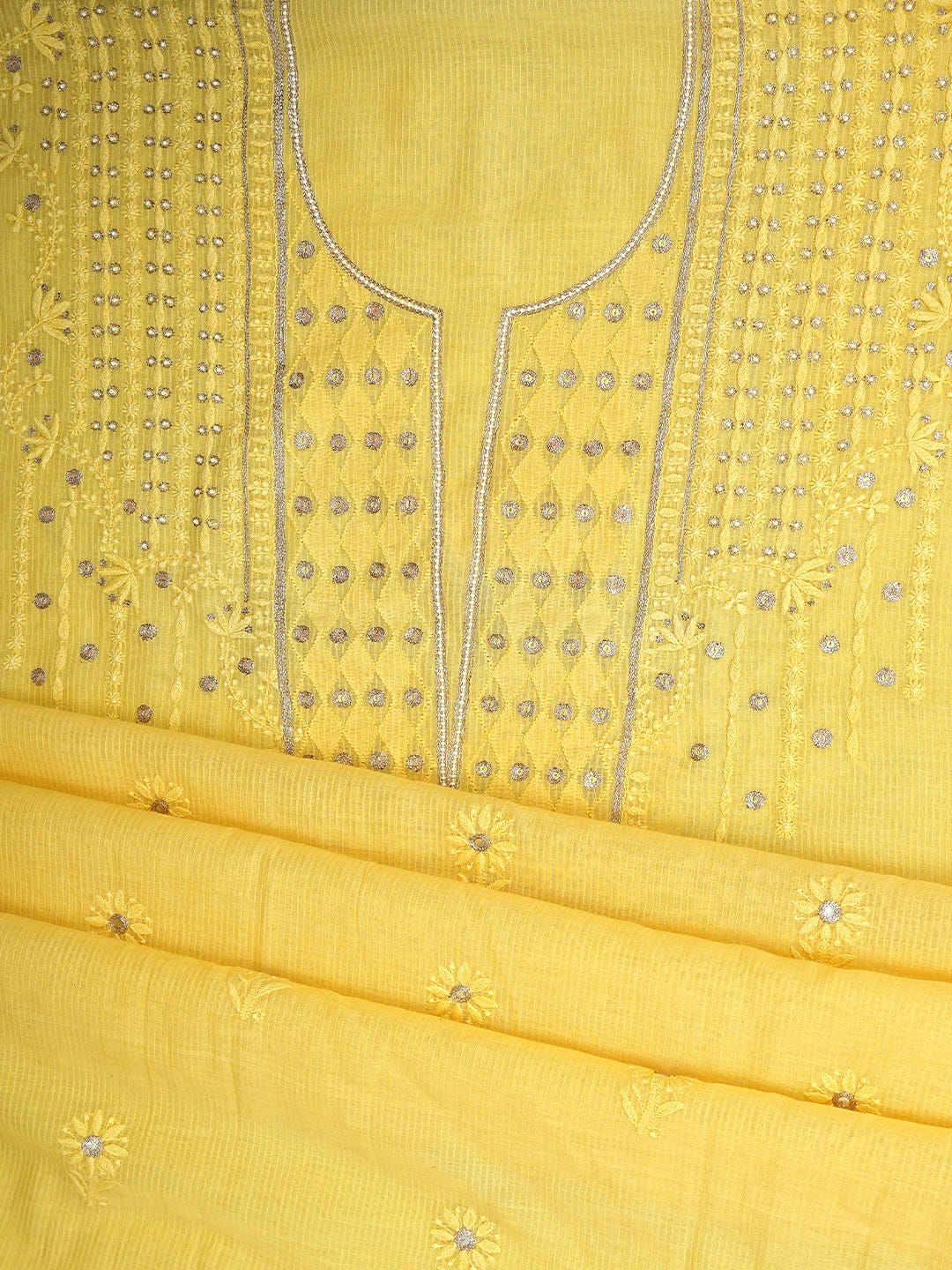 Ada Hand Embroidered Yellow Kota Lucknowi Chikankari Unstitched Kurta Dupatta Set With Zari Work 01A74884