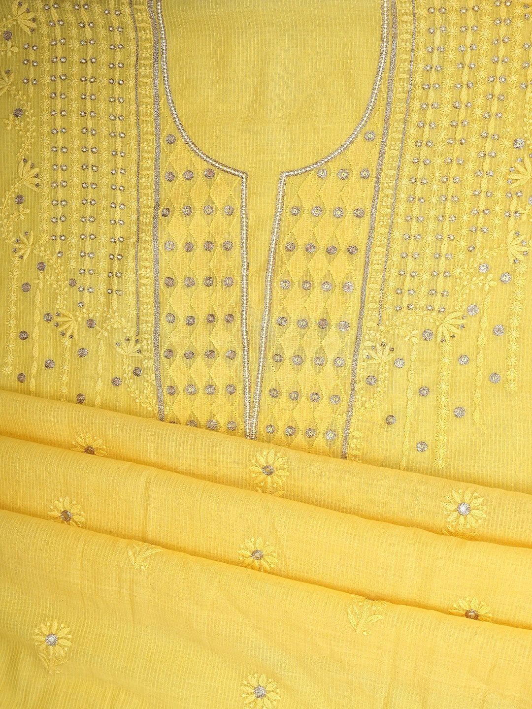 Ada Hand Embroidered Yellow Kota Lucknowi Chikankari Unstitched Kurta Dupatta Set With Zari Work 01A74884