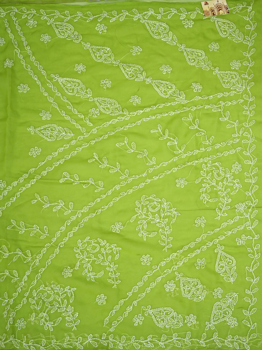Ada Hand Embroidered Lime Moss Green Georgette Lucknowi Chikankari Saree and Blouse 01A904561