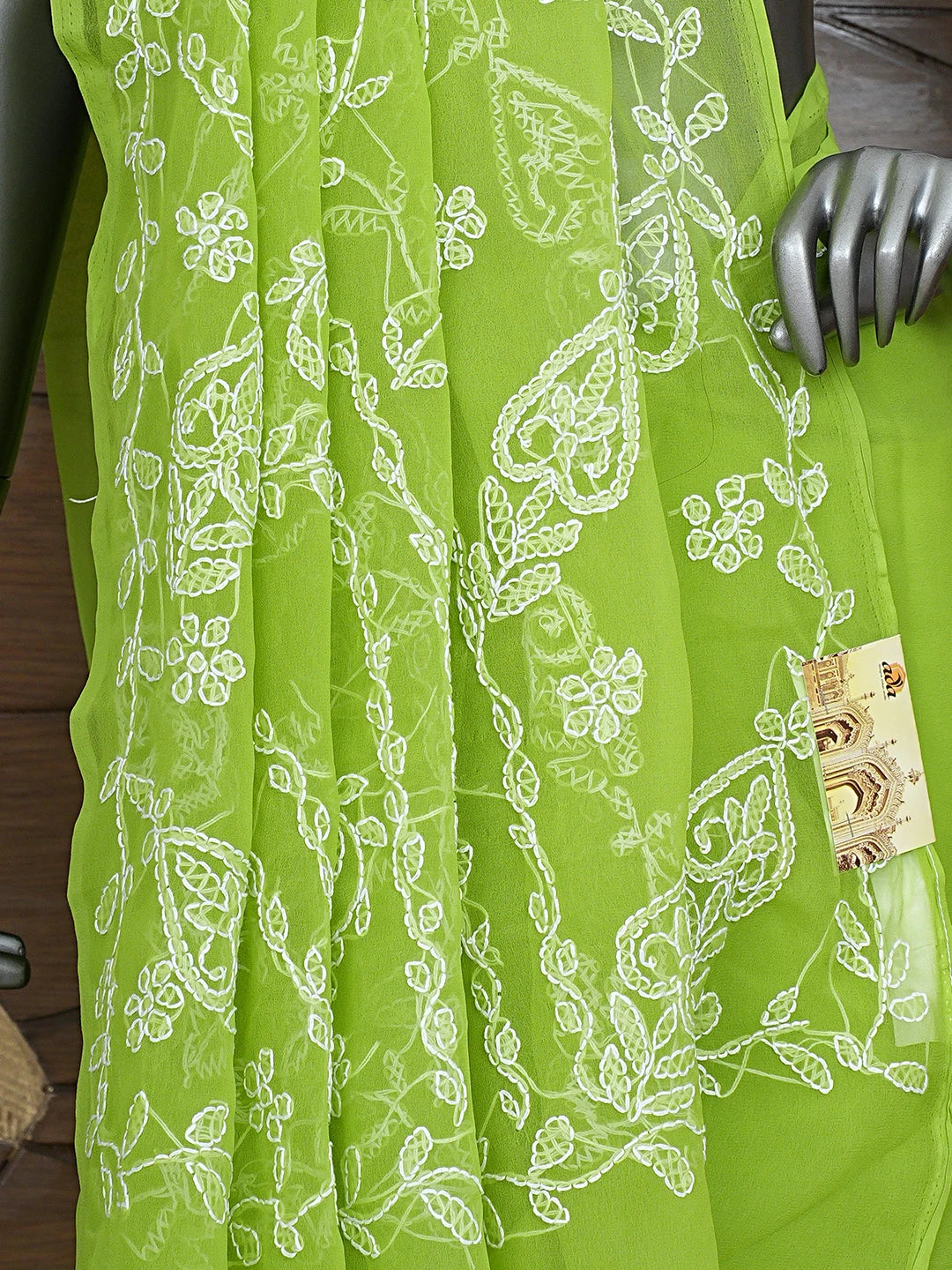Ada Hand Embroidered Lime Moss Green Georgette Lucknowi Chikankari Saree and Blouse 01A904561