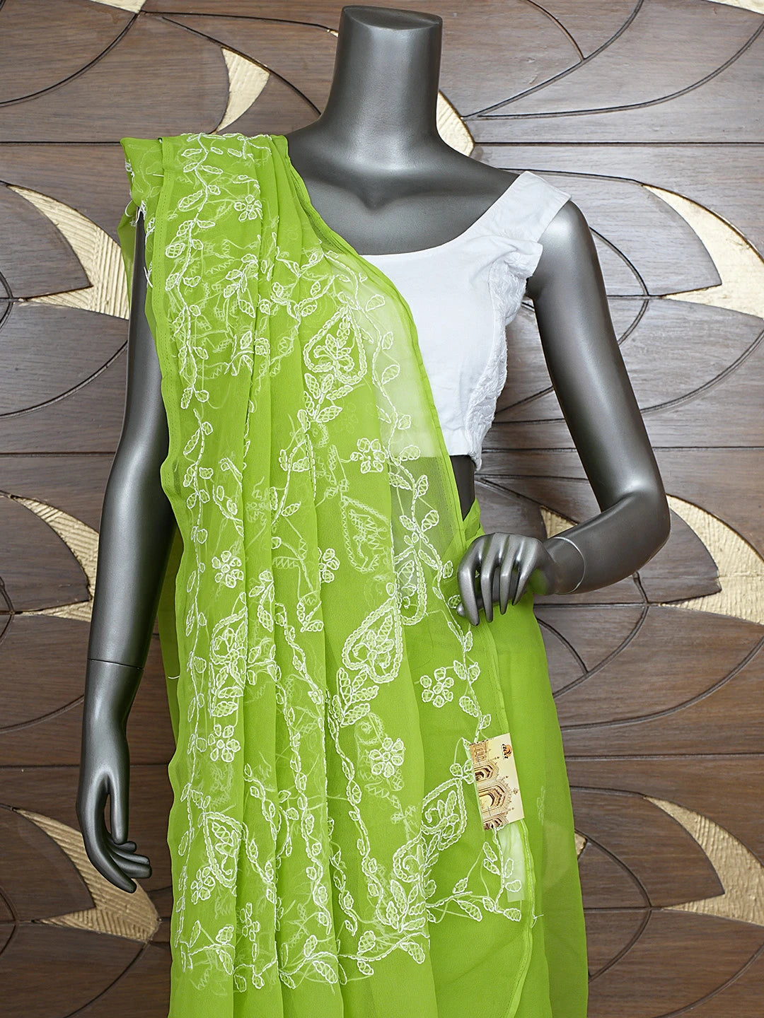 Ada Hand Embroidered Lime Moss Green Georgette Lucknowi Chikankari Saree and Blouse 01A904561