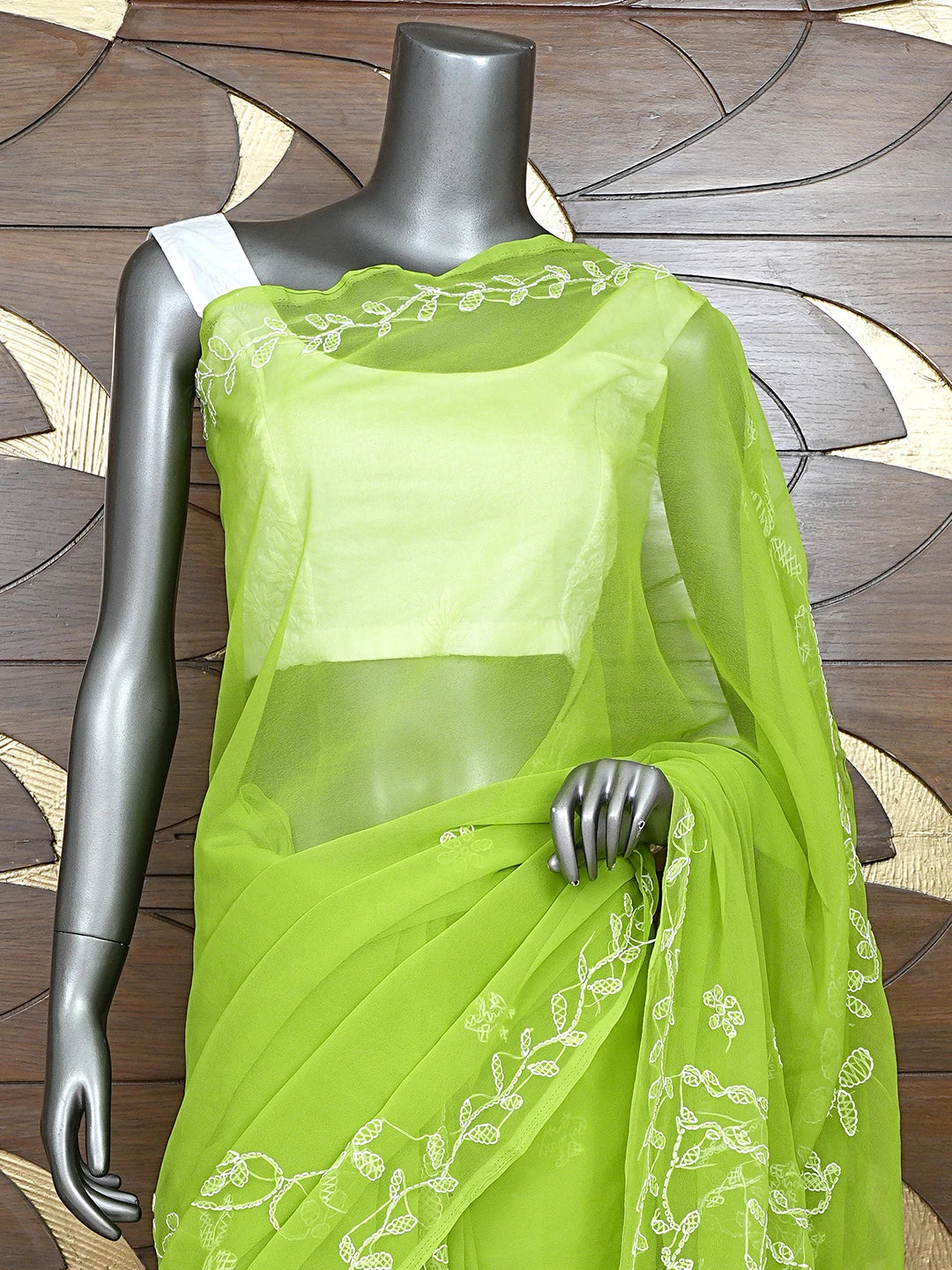Ada Hand Embroidered Lime Moss Green Georgette Lucknowi Chikankari Saree and Blouse 01A904561
