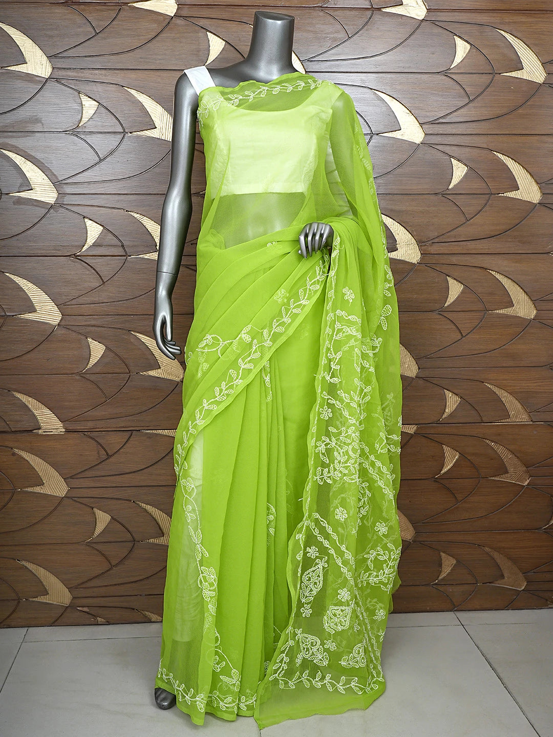 Ada Hand Embroidered Lime Moss Green Georgette Lucknowi Chikankari Saree and Blouse 01A904561