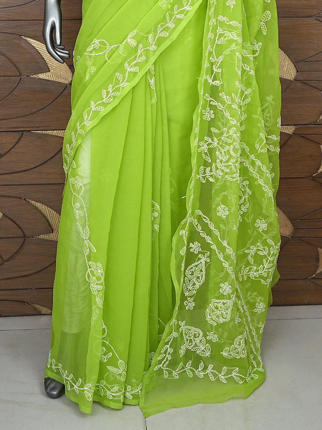 Ada Hand Embroidered Lime Moss Green Georgette Lucknowi Chikankari Saree and Blouse 01A904561