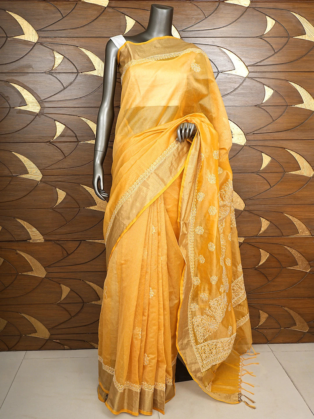 Ada Hand Embroidered Fawn Chanderi Lucknowi Chikankari Saree and Blouse 01A903532