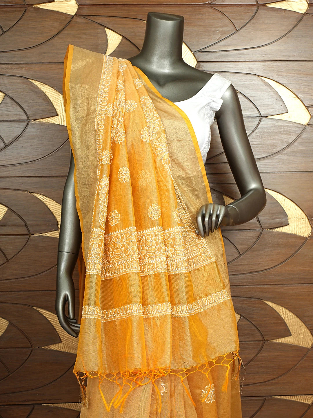 Ada Hand Embroidered Fawn Chanderi Lucknowi Chikankari Saree and Blouse 01A903532