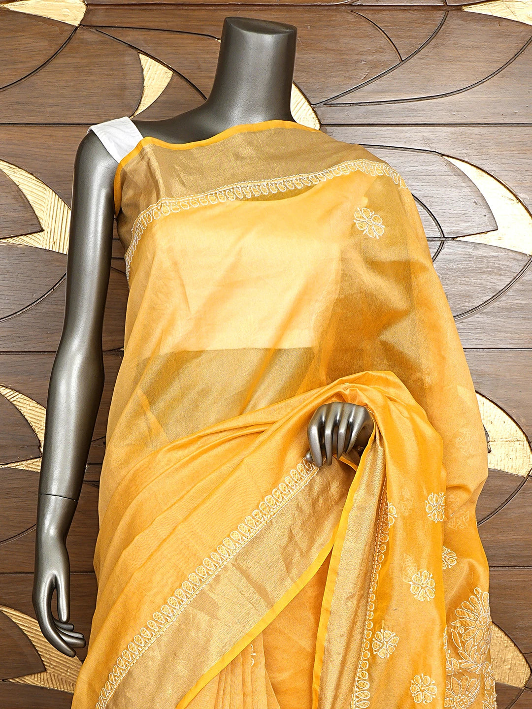 Ada Hand Embroidered Fawn Chanderi Lucknowi Chikankari Saree and Blouse 01A903532