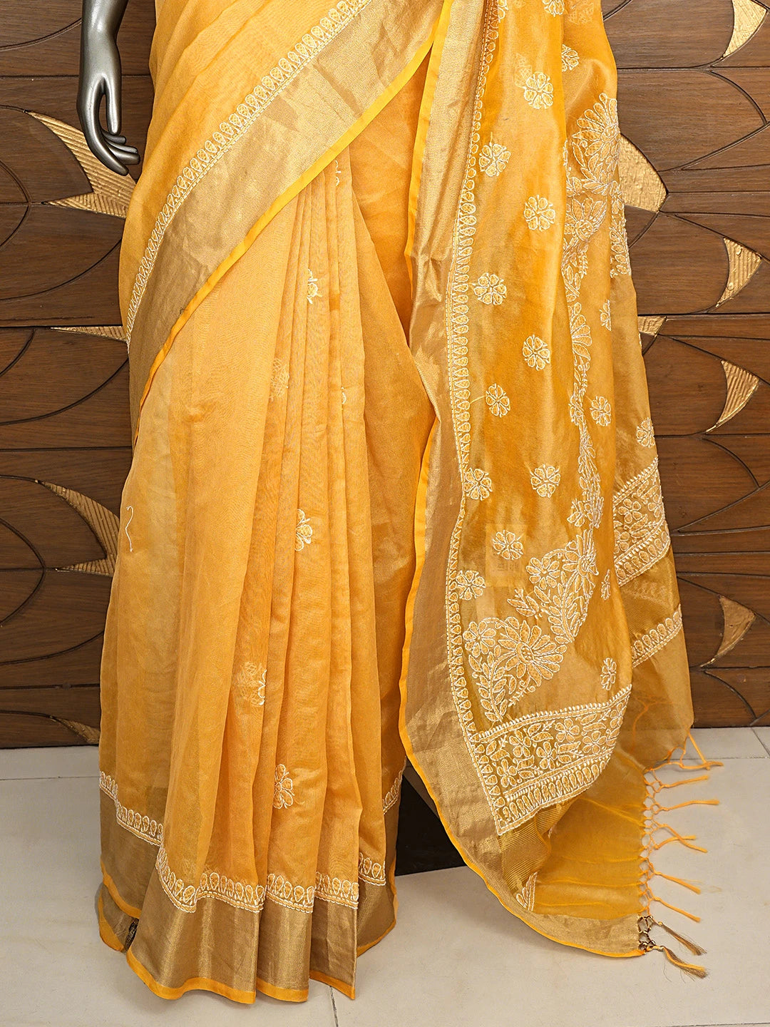 Ada Hand Embroidered Fawn Chanderi Lucknowi Chikankari Saree and Blouse 01A903532