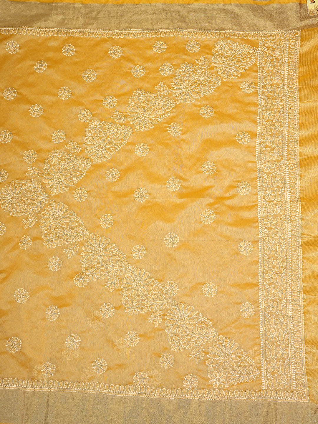 Ada Hand Embroidered Fawn Chanderi Lucknowi Chikankari Saree and Blouse 01A903532