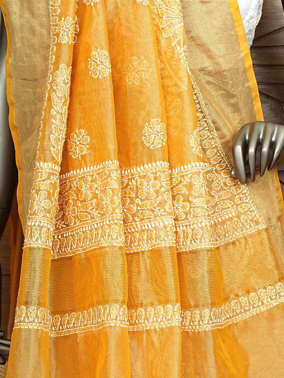 Ada Hand Embroidered Fawn Chanderi Lucknowi Chikankari Saree and Blouse 01A903532