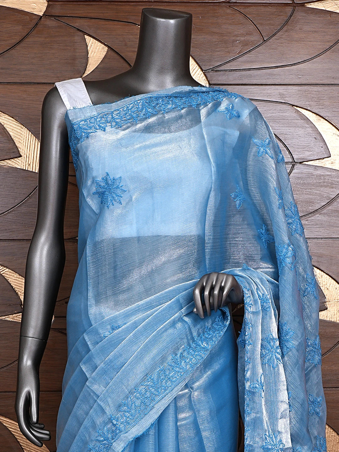 Ada Hand Embroidered Blue Tissue Lucknowi Chikankari Saree and Blouse 01A904749