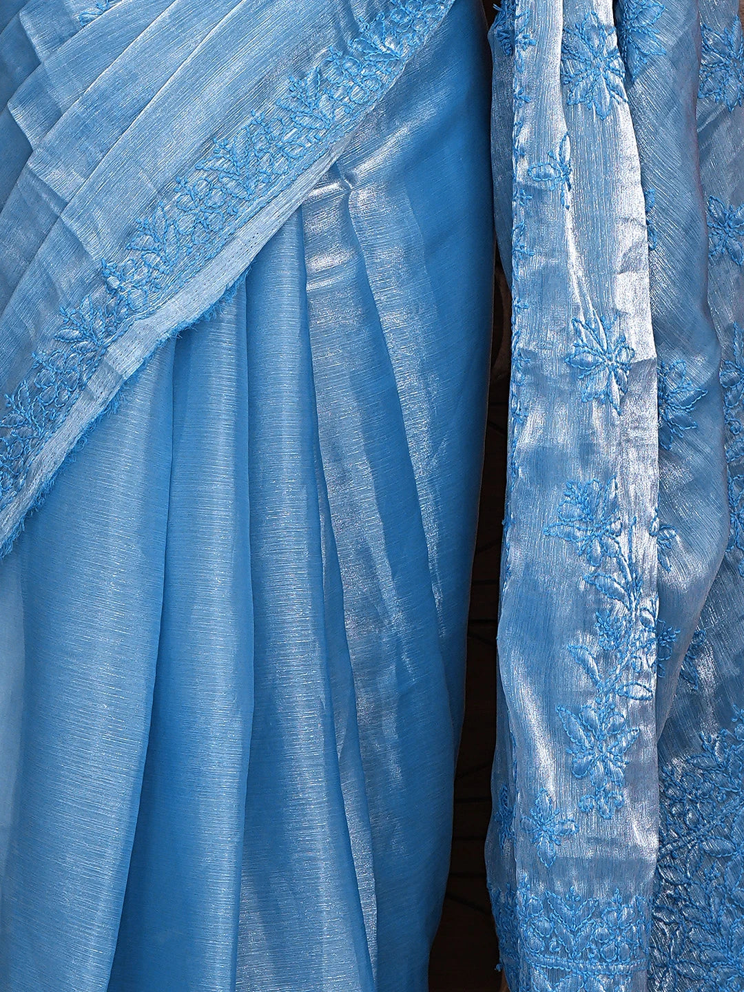 Ada Hand Embroidered Blue Tissue Lucknowi Chikankari Saree and Blouse 01A904749
