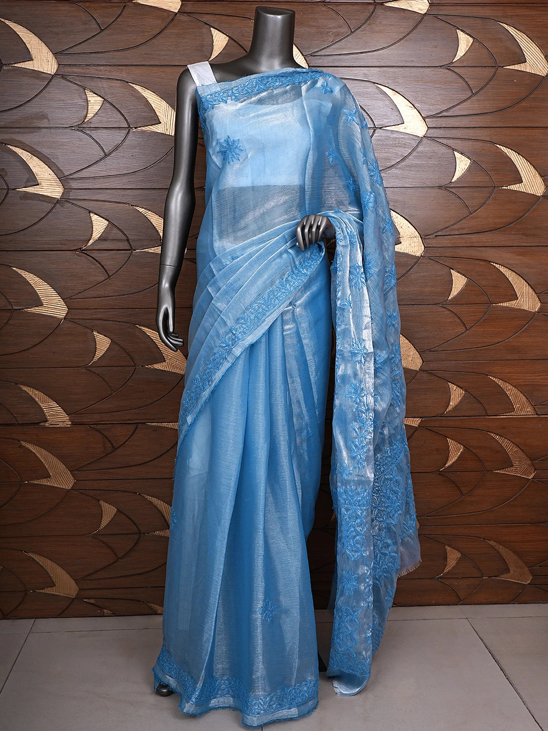 Ada Hand Embroidered Blue Tissue Lucknowi Chikankari Saree and Blouse 01A904749