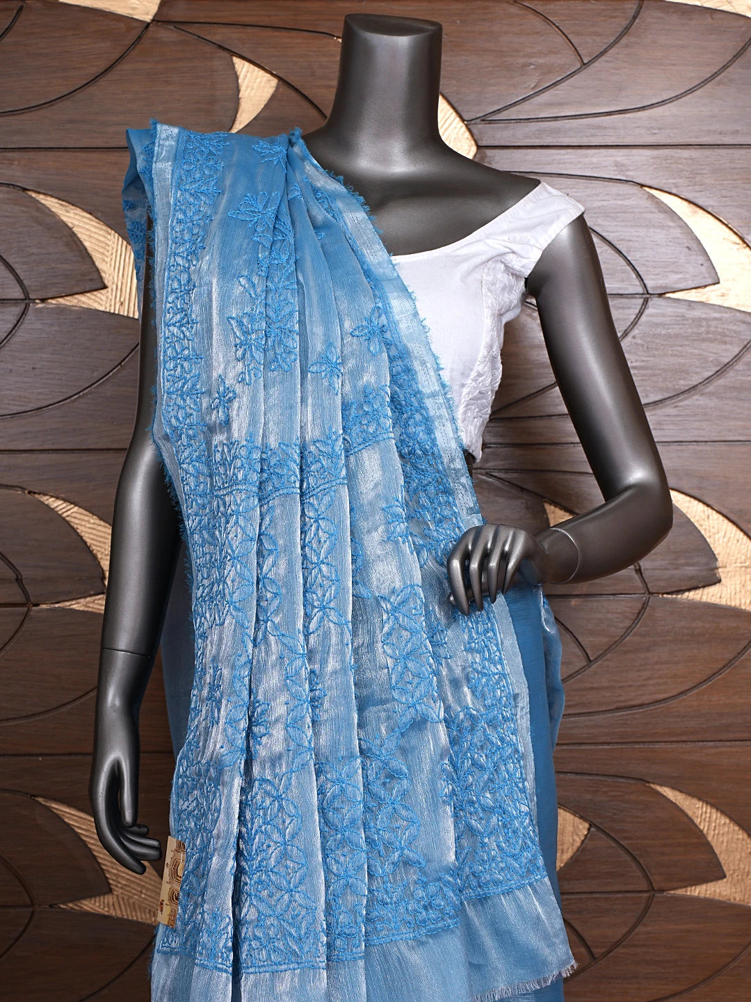 Ada Hand Embroidered Blue Tissue Lucknowi Chikankari Saree and Blouse 01A904749