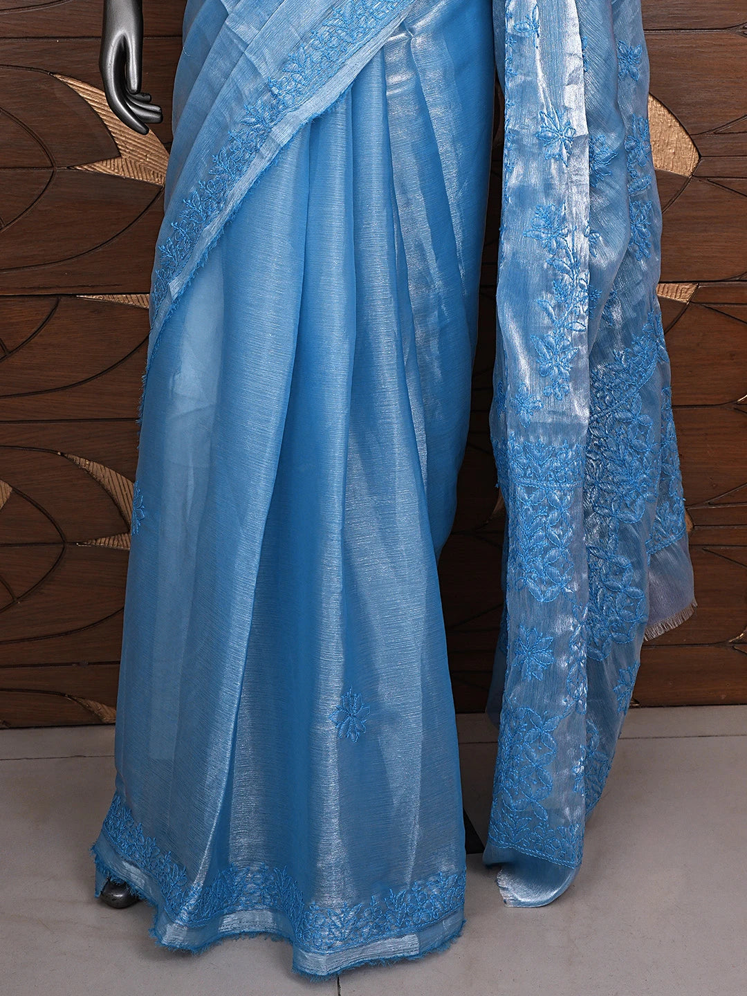 Ada Hand Embroidered Blue Tissue Lucknowi Chikankari Saree and Blouse 01A904749