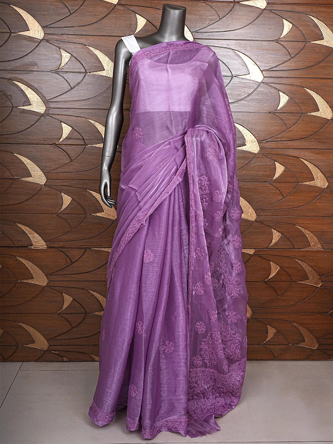Ada Hand Embroidered Purple Tissue Lucknowi Chikankari Saree and Blouse 01A904758