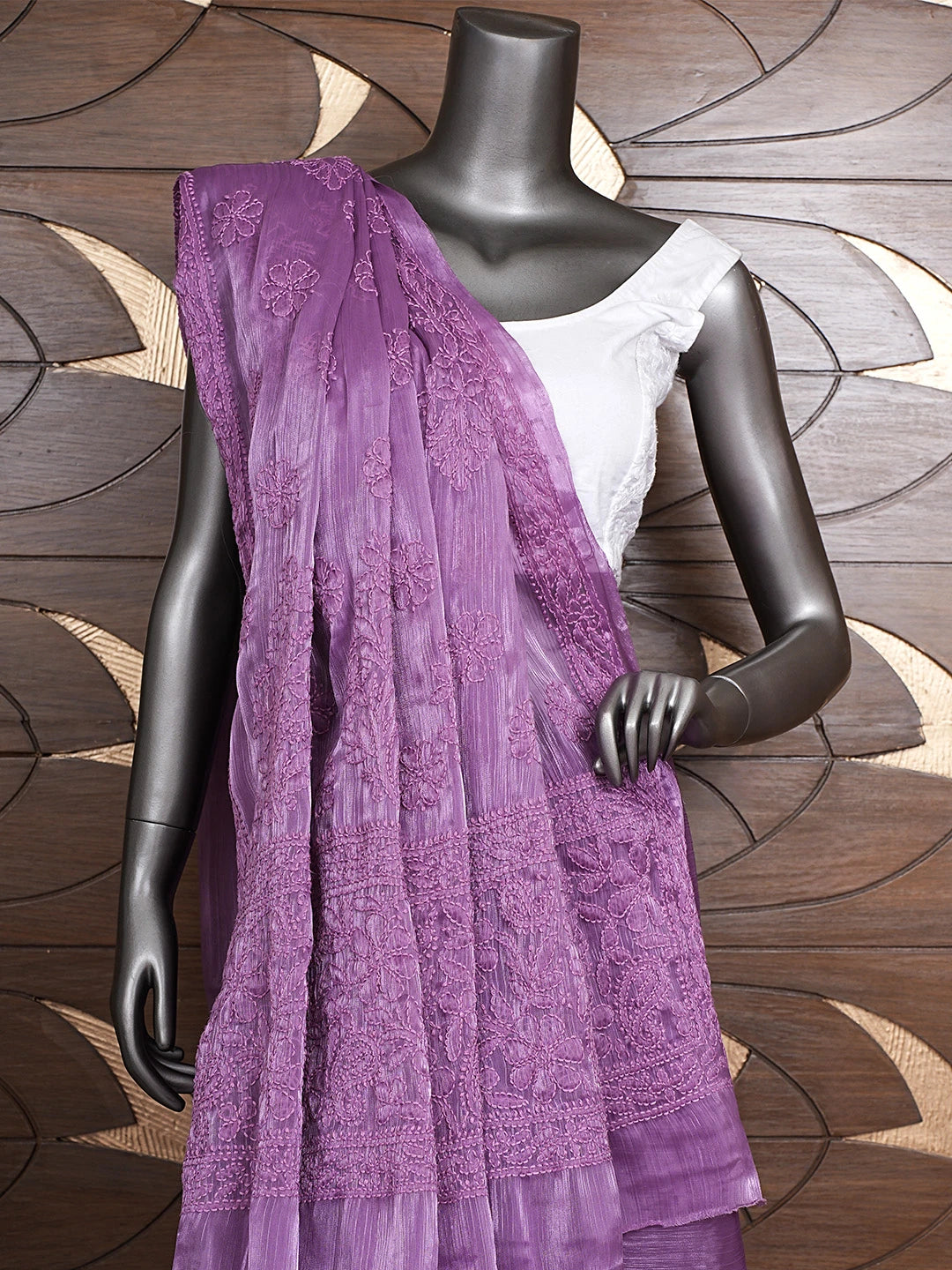 Ada Hand Embroidered Purple Tissue Lucknowi Chikankari Saree and Blouse 01A904758