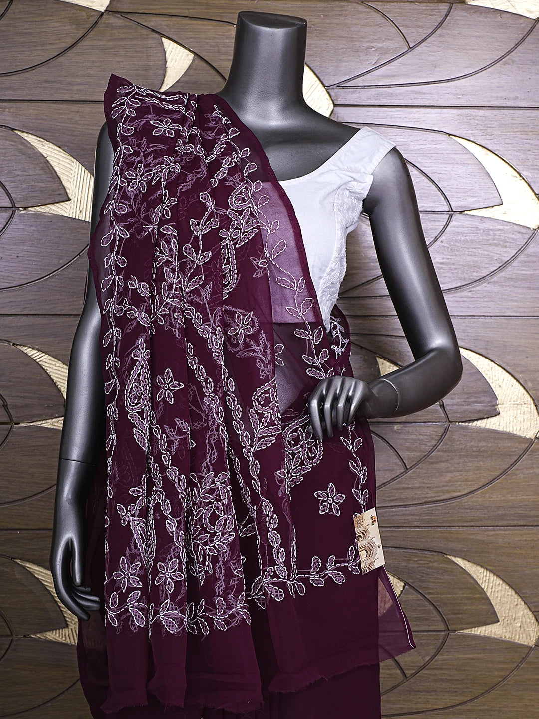 Ada Hand Embroidered Wine Georgette Lucknowi Chikankari Saree and Blouse 01A904553