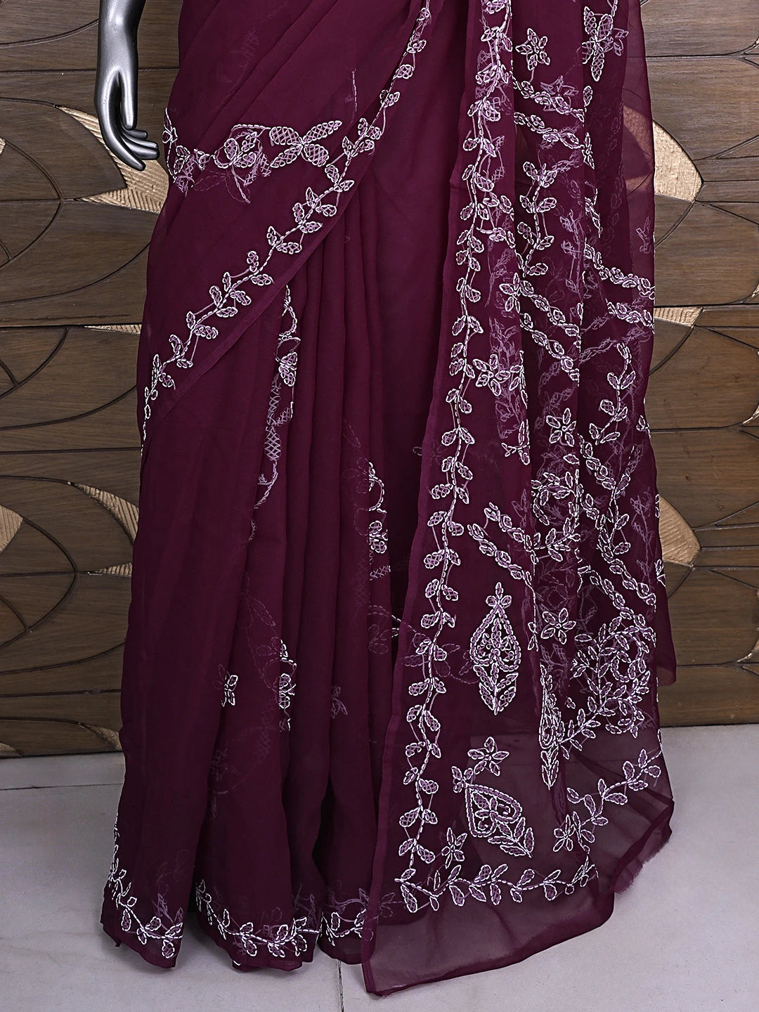 Ada Hand Embroidered Wine Georgette Lucknowi Chikankari Saree and Blouse 01A904553