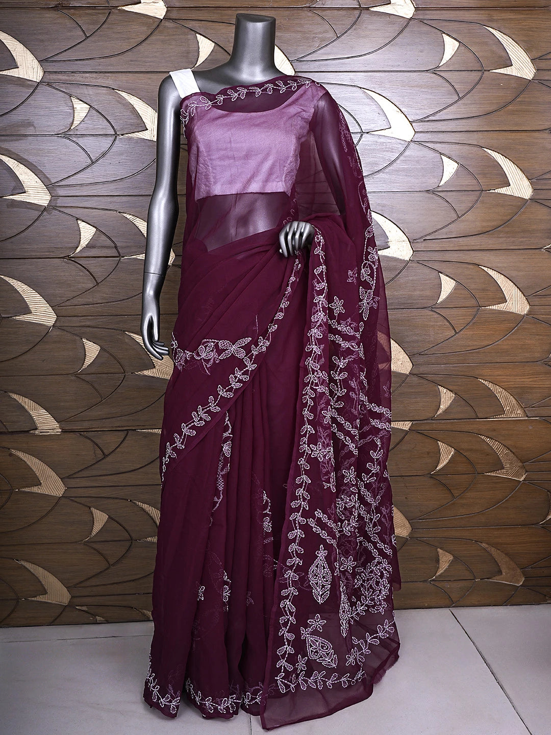 Ada Hand Embroidered Wine Georgette Lucknowi Chikankari Saree and Blouse 01A904553