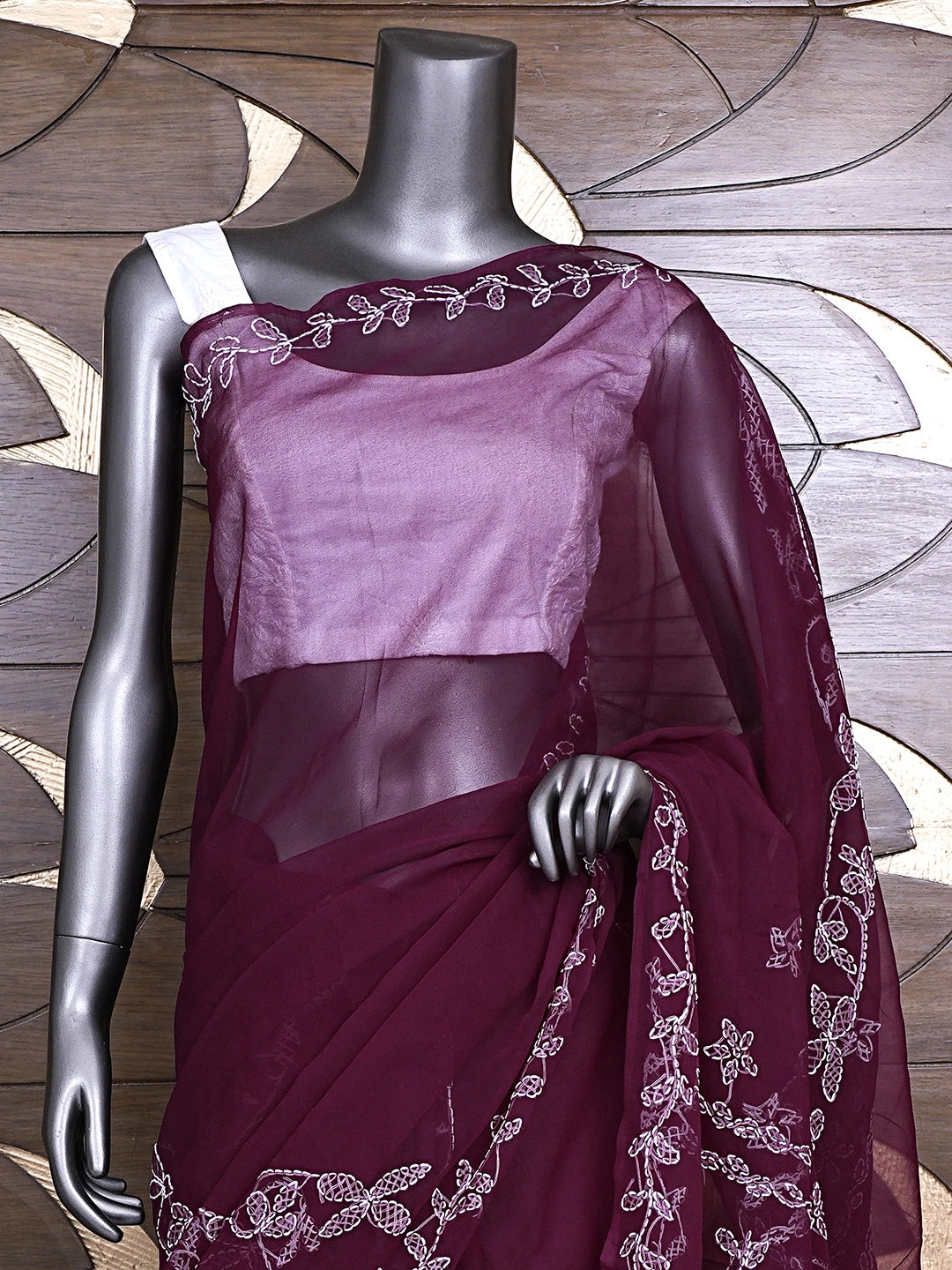 Ada Hand Embroidered Wine Georgette Lucknowi Chikankari Saree and Blouse 01A904553