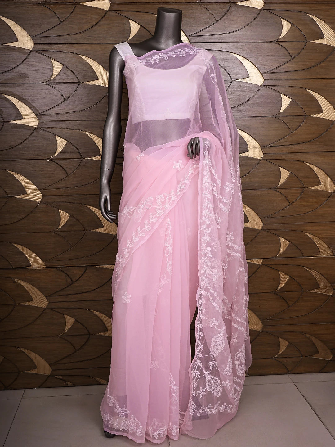 Ada Hand Embroidered Pink Georgette Lucknowi Chikankari Saree and Blouse 01A904558