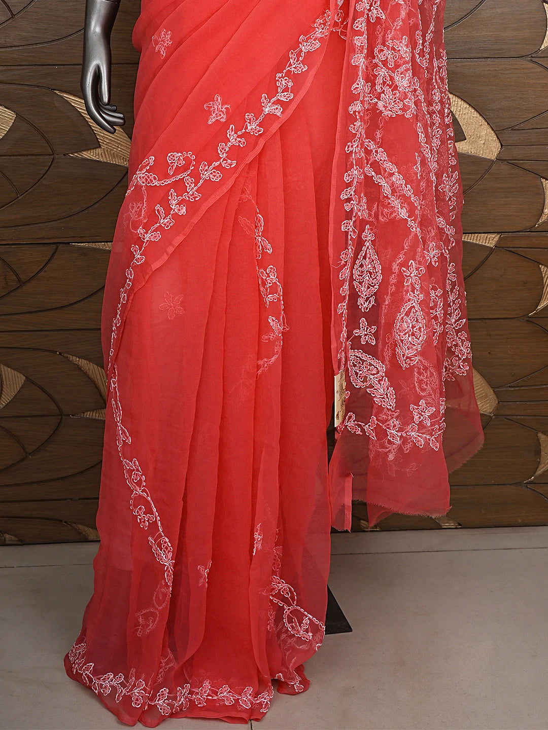 Ada Hand Embroidered Carrot Pink Georgette Lucknowi Chikankari Saree and Blouse 01A904566