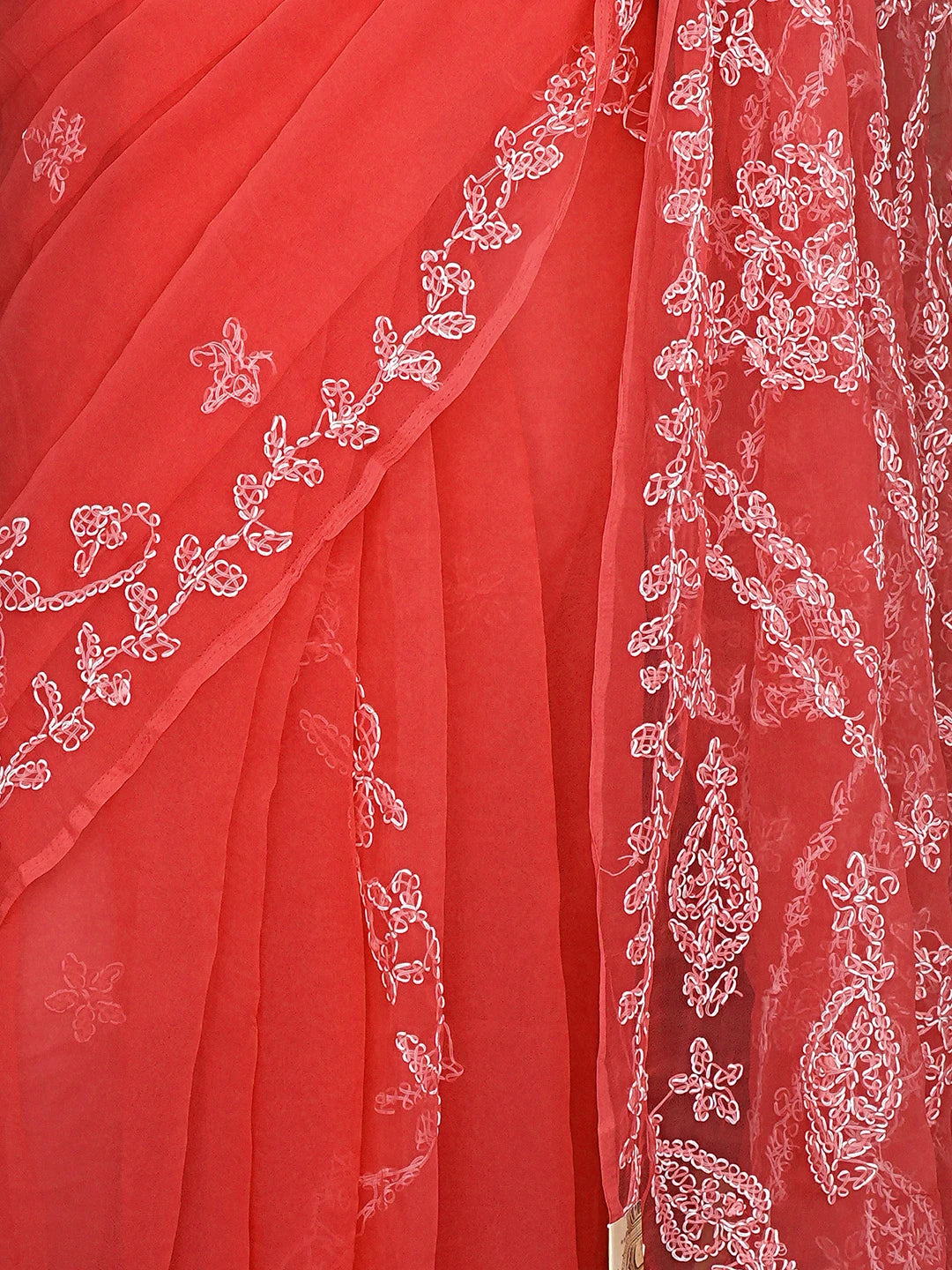 Ada Hand Embroidered Carrot Pink Georgette Lucknowi Chikankari Saree and Blouse 01A904566