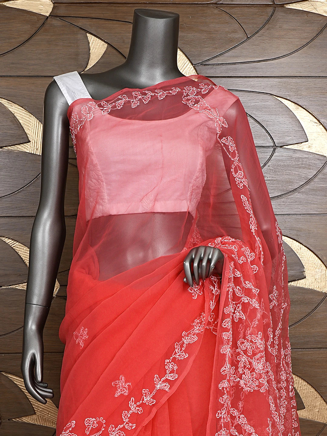 Ada Hand Embroidered Carrot Pink Georgette Lucknowi Chikankari Saree and Blouse 01A904566