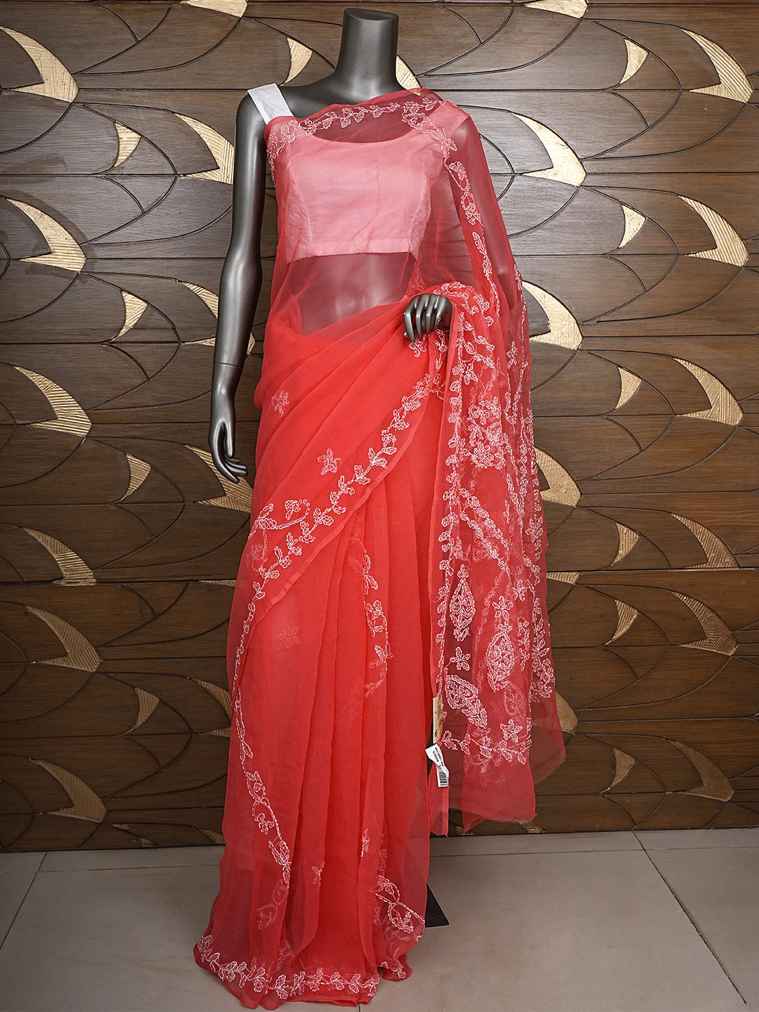 Ada Hand Embroidered Carrot Pink Georgette Lucknowi Chikankari Saree and Blouse 01A904566