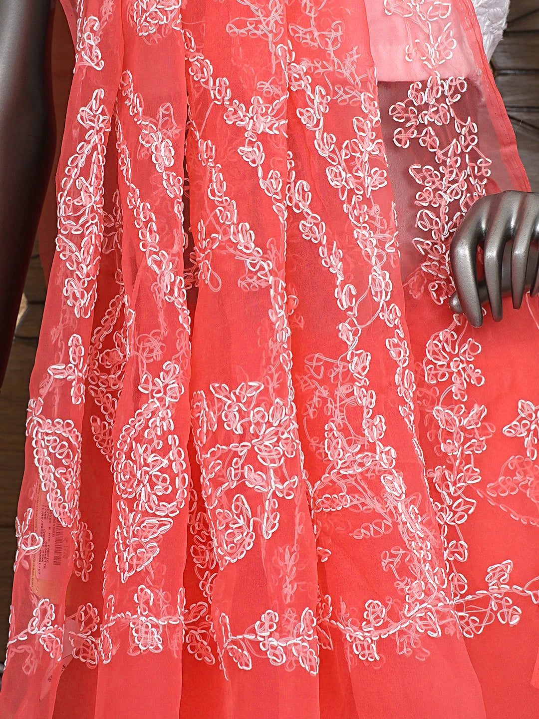 Ada Hand Embroidered Carrot Pink Georgette Lucknowi Chikankari Saree and Blouse 01A904566