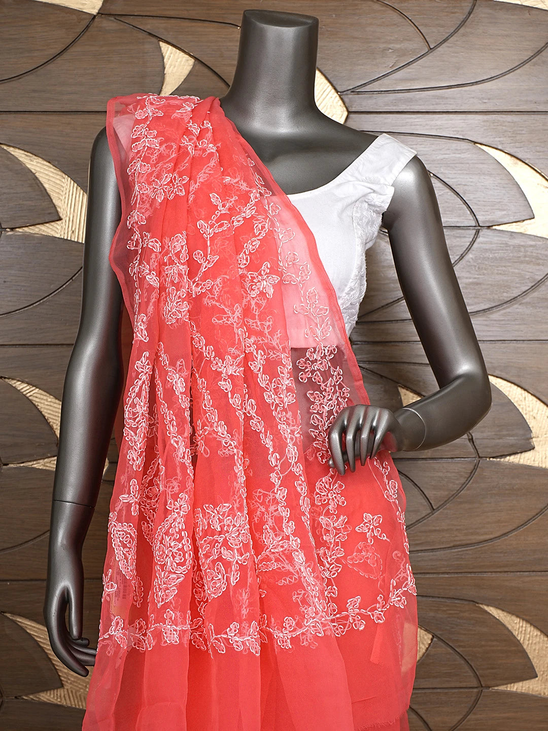 Ada Hand Embroidered Carrot Pink Georgette Lucknowi Chikankari Saree and Blouse 01A904566